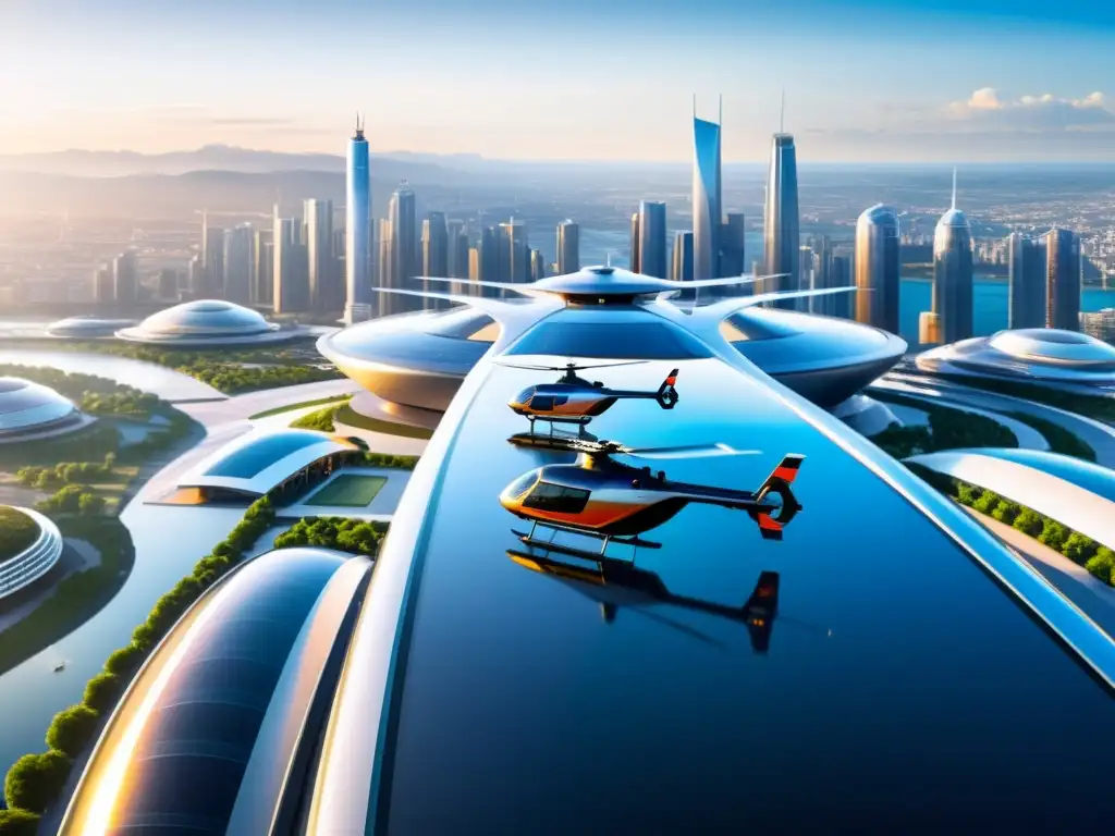 Vista urbana futurista con helicópteros y helipuertos integrados