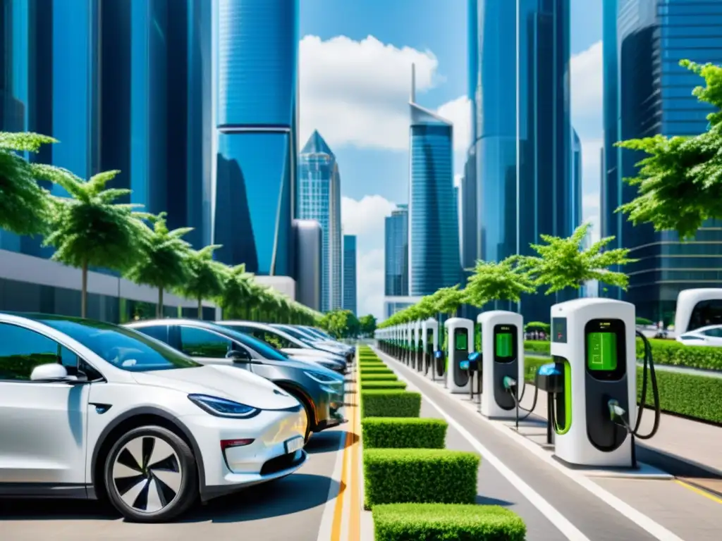 Vista urbana con infraestructura de carga para vehículos eléctricos, autos eléctricos cargando y rascacielos futuristas