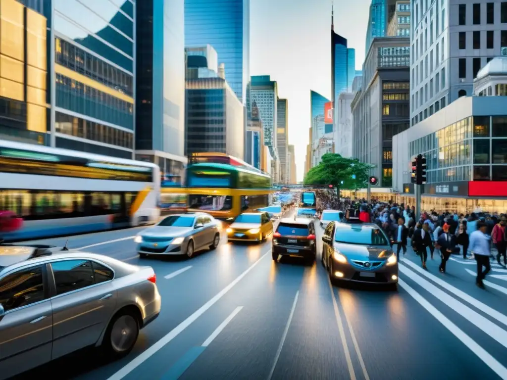 Una vista urbana de la evolución de medios de transporte en una bulliciosa calle de la ciudad durante la hora pico