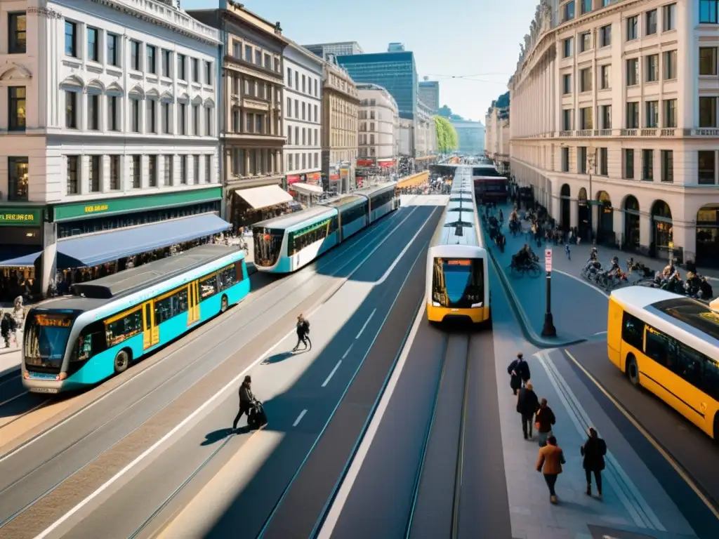 Vida urbana en movimiento: diversidad de transporte y arquitectura Vista urbana con mezcla de transeúntes, ciclistas y transporte público, reflejando el desarrollo de medios de transporte urbanos