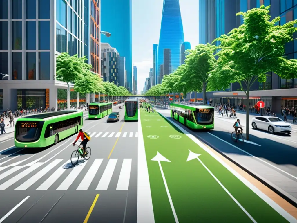 Vista urbana moderna con planificación urbana, transporte sostenible y diversidad de personas y modos de desplazamiento en la ciudad