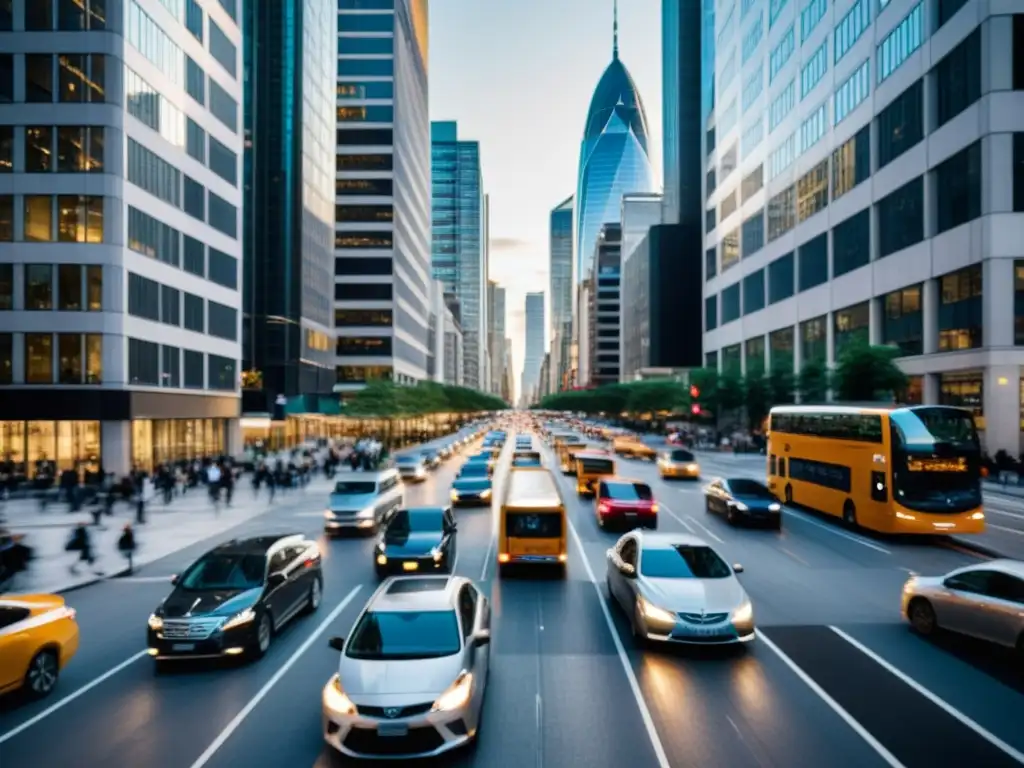 Vista urbana con movimiento de vehículos y edificios altos, destacando la necesidad de reducción de ruido en transporte evolución