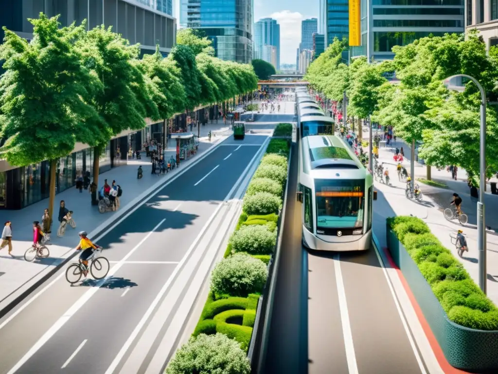 Vista urbana con participación ciudadana en transporte sostenible, ciclistas, peatones y transporte público moderno rodeados de vegetación