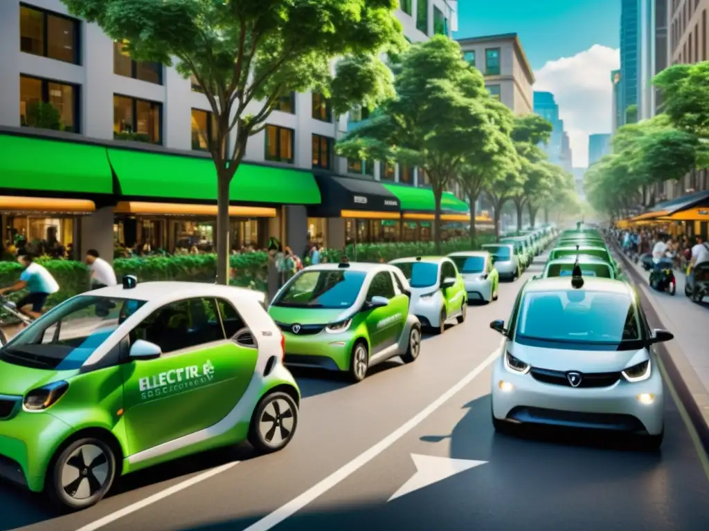 Escena urbana sostenible: vehículos eco-friendly y naturaleza Vista urbana con plataformas de ride sharing ecológico y movilidad sostenible entre árboles y peatones