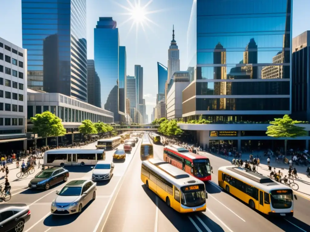 Vista urbana con rascacielos, redes de transporte y vida vibrante