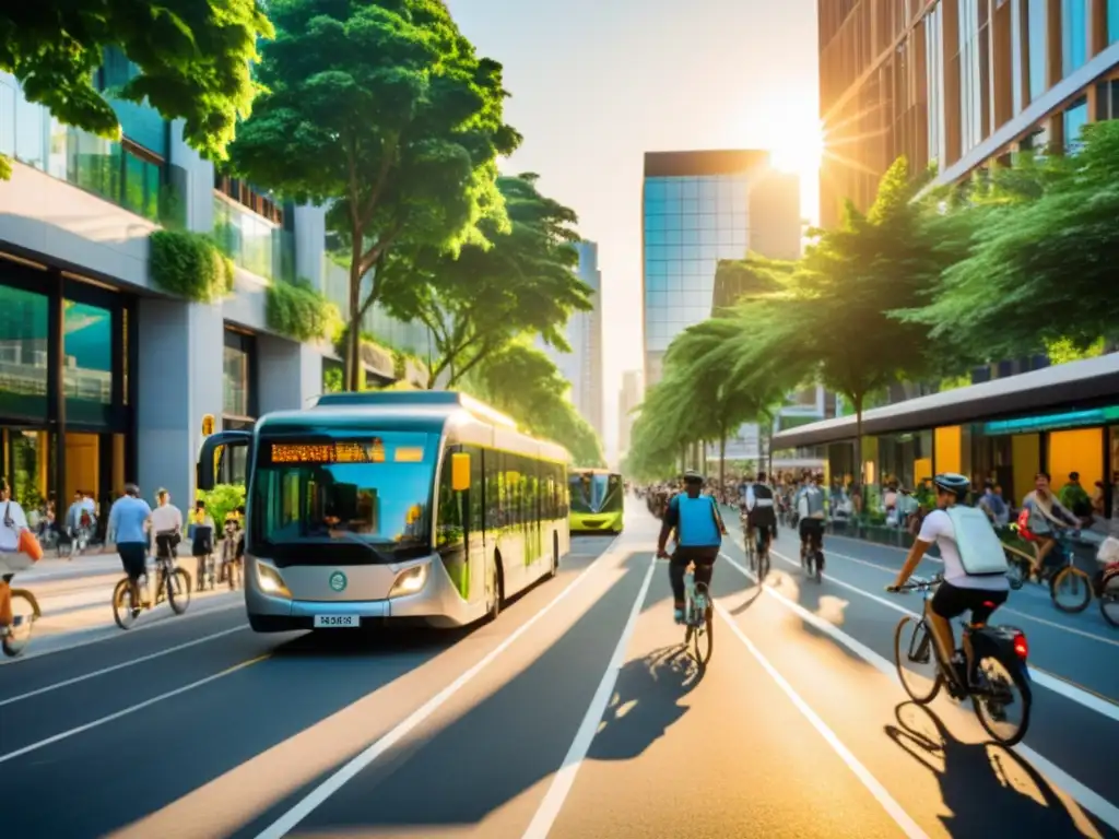 Vista urbana: sol poniente ilumina modernos medios de transporte sostenible y naturaleza, reflejando políticas de transporte sostenible globales