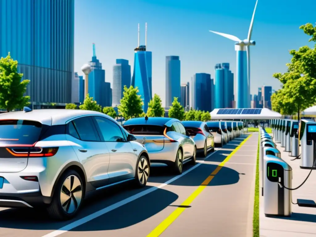 Vista urbana con tecnologías para carga vehículos eléctricos, autos eléctricos y energías renovables en la ciudad moderna