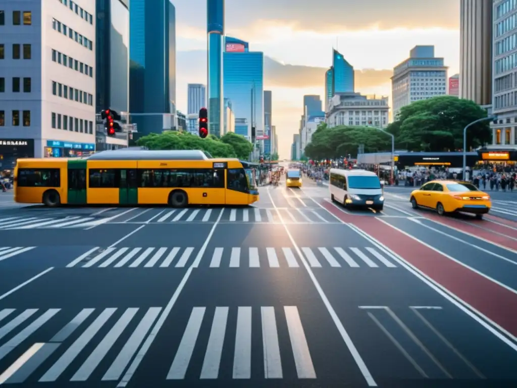 Vista urbana con tráfico de buses, tranvías y metro