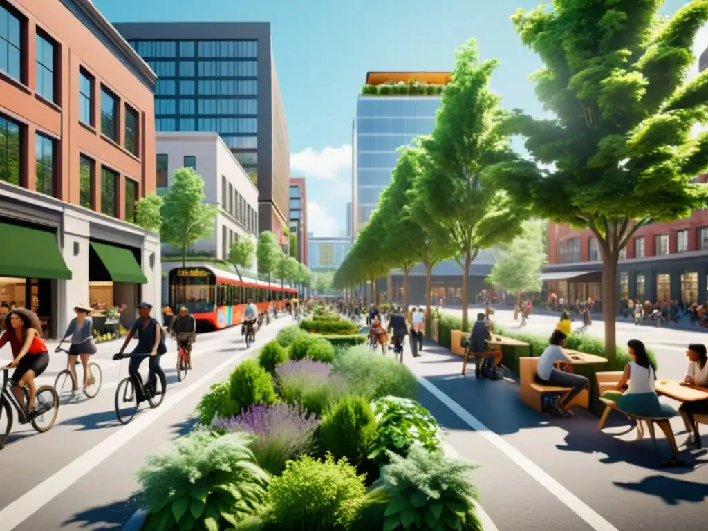 Vista urbana vibrante con políticas para reducir dependencia automóvil, ciclistas, transporte público y zonas verdes integradas en el paisaje urbano