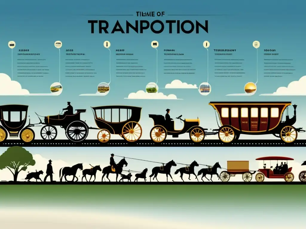 Representación visual del desarrollo tecnológico en transporte a lo largo de la historia, desde la antigüedad hasta los vehículos eléctricos modernos