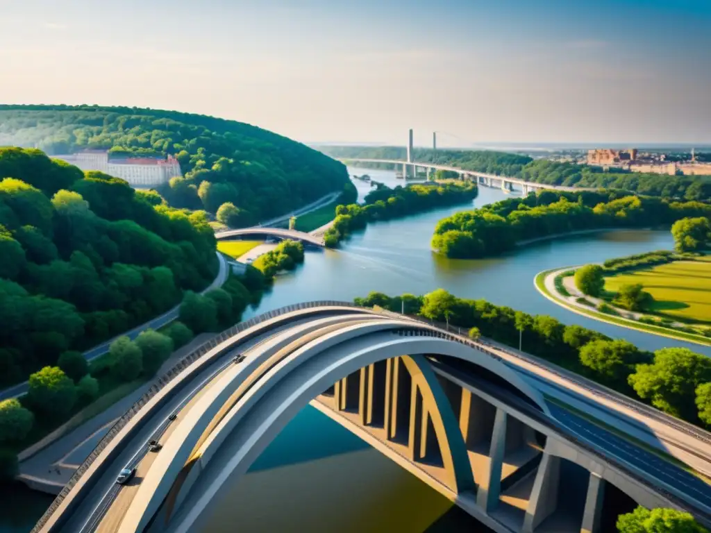 Comparación visual de la evolución histórica del diseño de puentes, desde antiguos arcos de piedra hasta modernas estructuras de fibra de carbono