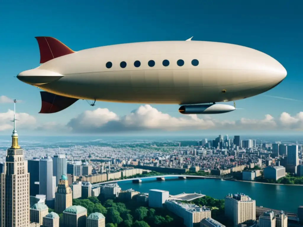 Comparación visual: la evolución del transporte aéreo, de dirigible vintage a avión moderno sobre la ciudad