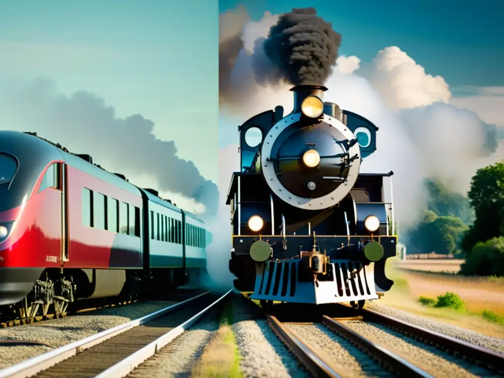 Comparación visual de evolución del transporte: locomotora a vapor y coche eléctrico futurista en la ciudad