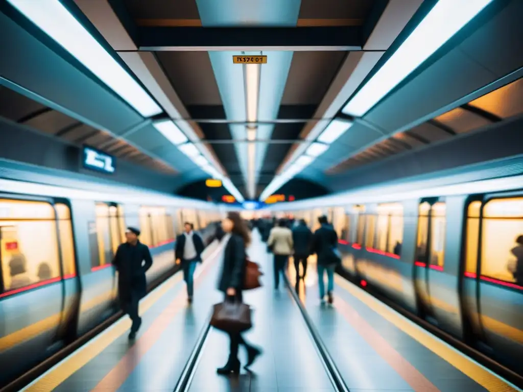 Vitalidad y eficiencia del metro en transporte urbano, estación bulliciosa con energía frenética y arquitectura moderna iluminada