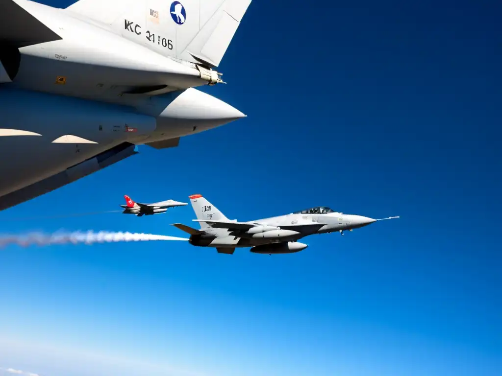 Un KC135 Stratotanker reabastece en vuelo a un F16 bajo el cielo azul