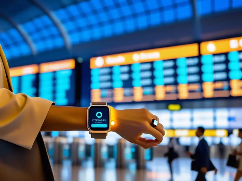 Wearable para almacenar criptomonedas ilumina a viajero en aeropuerto futurista, reflejando el mundo digital y la conveniencia tecnológica