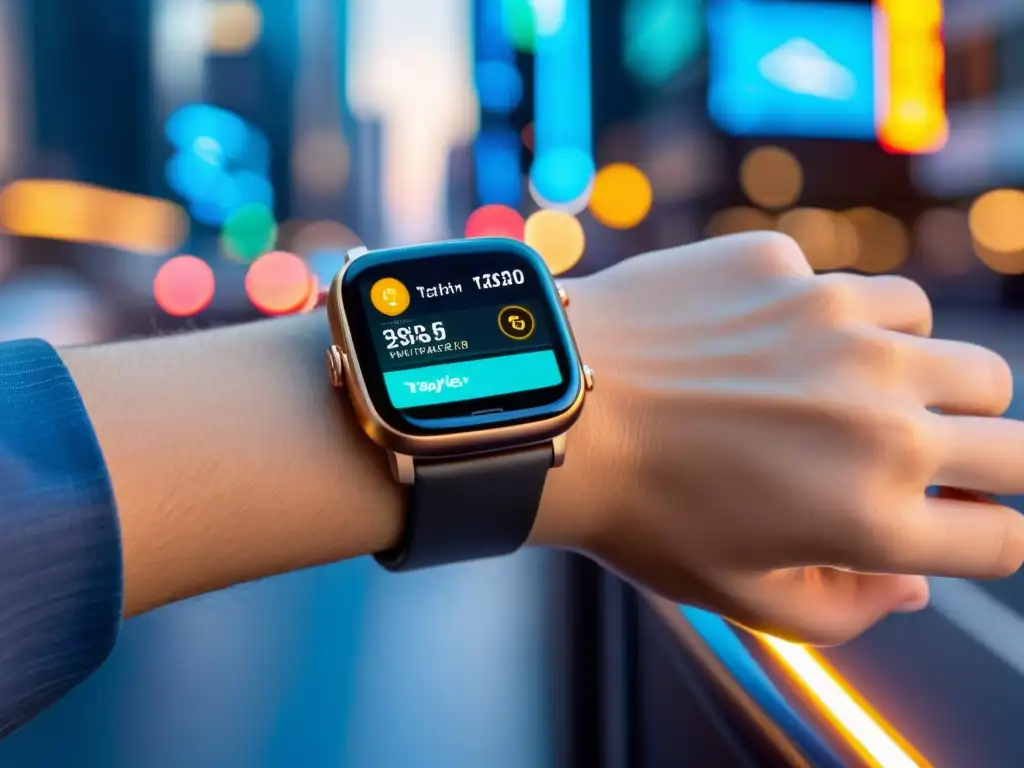 Wearables para almacenar criptomonedas: Un smartwatch futurista muestra datos del mercado de criptomonedas, mientras el viajero tecnológico navega una ciudad hipermoderna