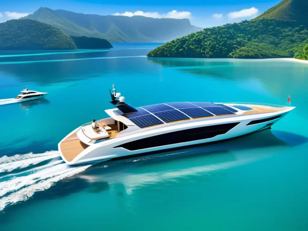 Un yate eléctrico futurista navega en aguas cristalinas, con paneles solares brillando al sol y emprendedores debatiendo en cubierta