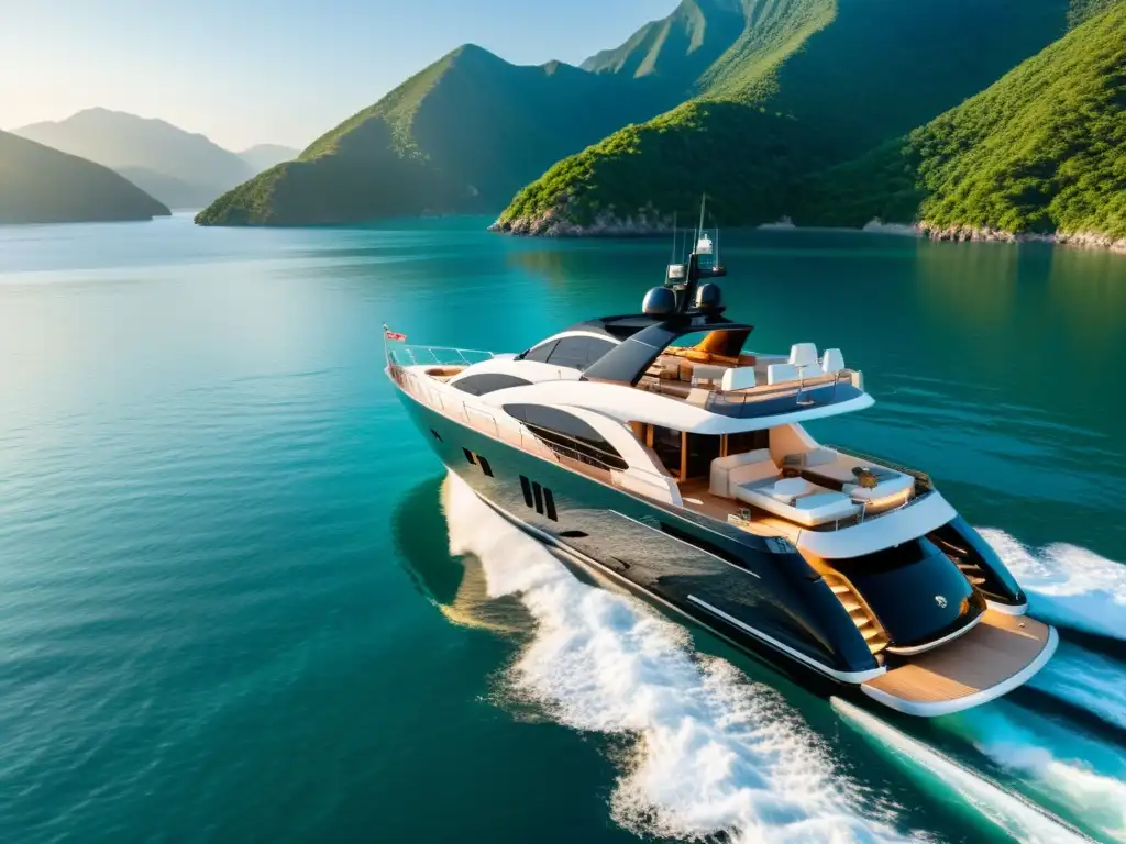 Un yate de lujo navegando en aguas cristalinas con montañas costeras verdes al fondo