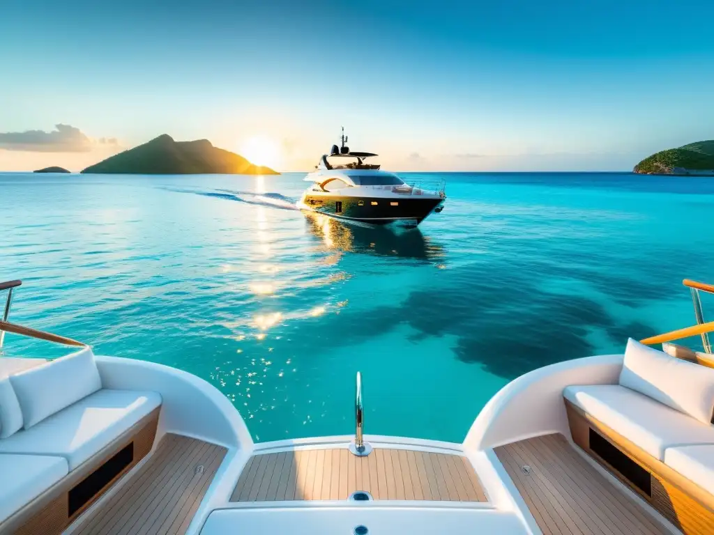 Yate de lujo navegando en aguas turquesas al atardecer, reflejando opulencia y sofisticación