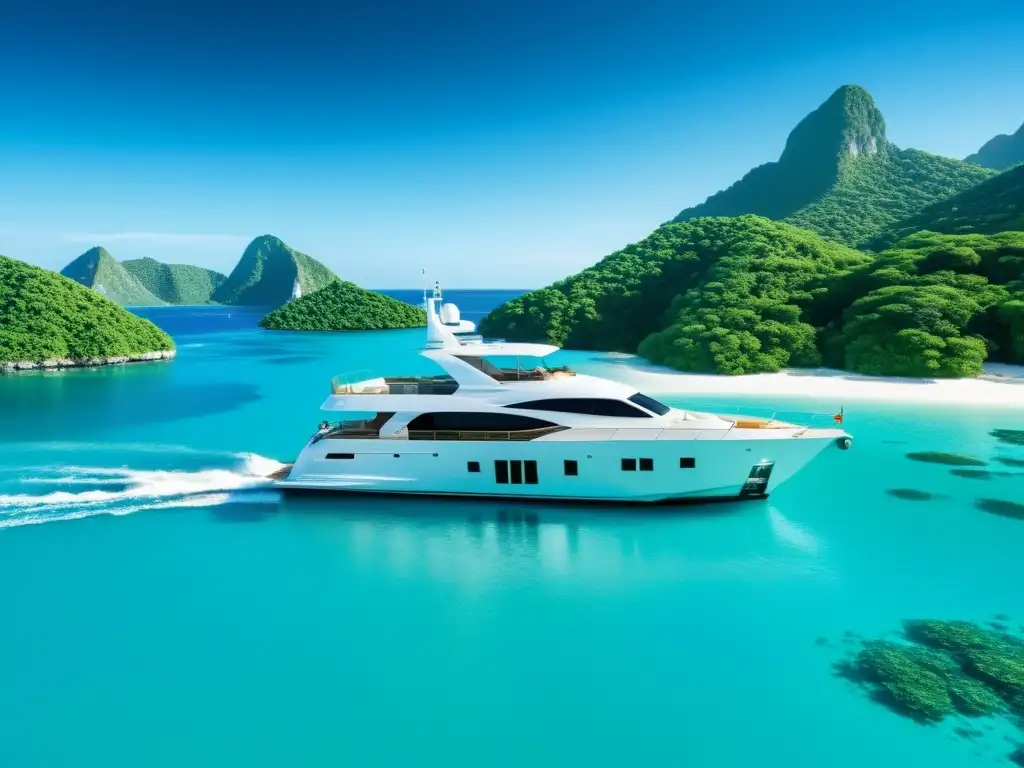 Yate de lujo navegando en aguas turquesas, rodeado de islas verdes y cielo azul