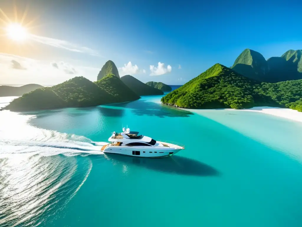 Un yate de lujo navegando en aguas turquesas, rodeado de islas verdes con playas blancas