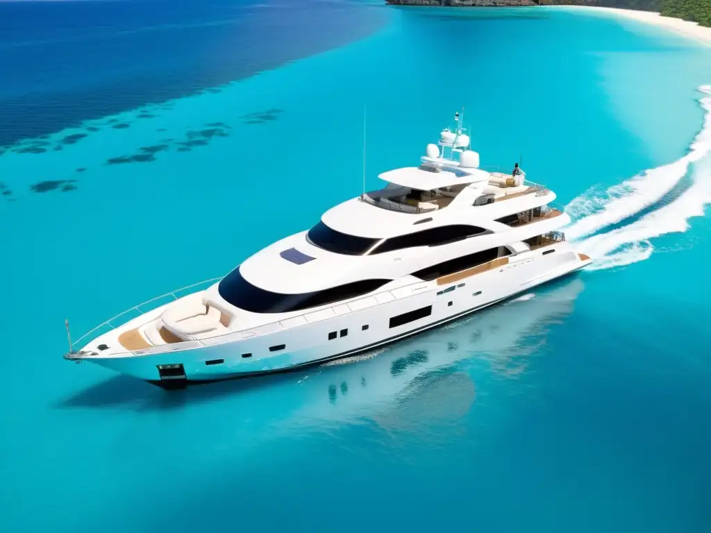 Yate de lujo navegando en aguas turquesas, con el sol poniéndose tras una isla tropical