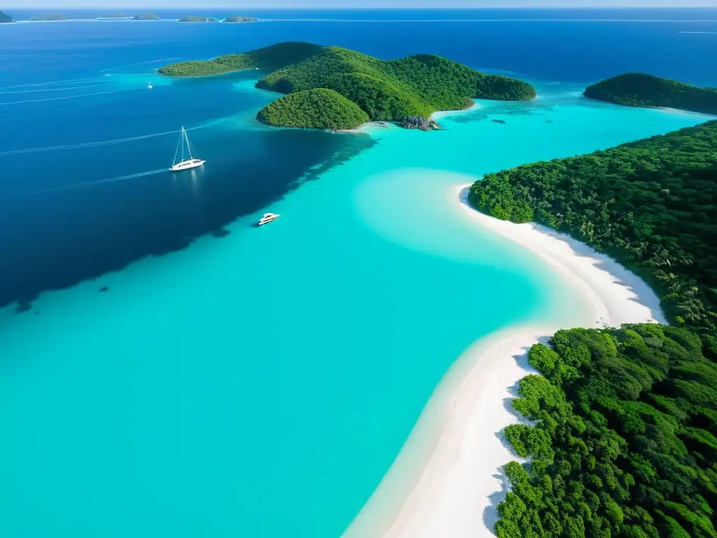 Un yate de lujo anclado en una bahía remota, rodeado de aguas turquesas y naturaleza exuberante, simbolizando el impacto ambiental en el lujo de yates