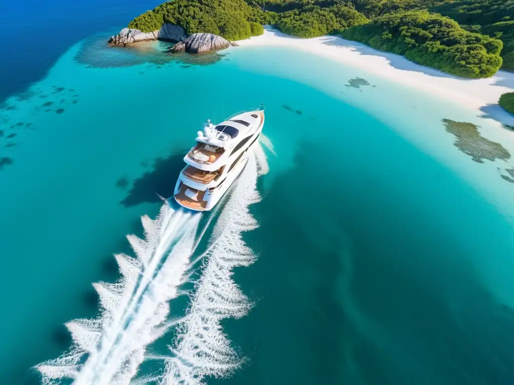 Invertir en yate de lujo: Elegante yate blanco surca aguas turquesas al atardecer, rodeado de barcos y islas exóticas