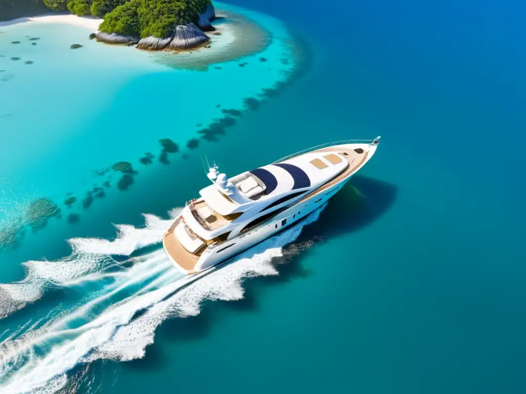 Un yate de lujo moderno navega en aguas turquesa, rodeado de barcos y una isla tropical, mostrando el encanto del Alquiler de Embarcaciones de Lujo