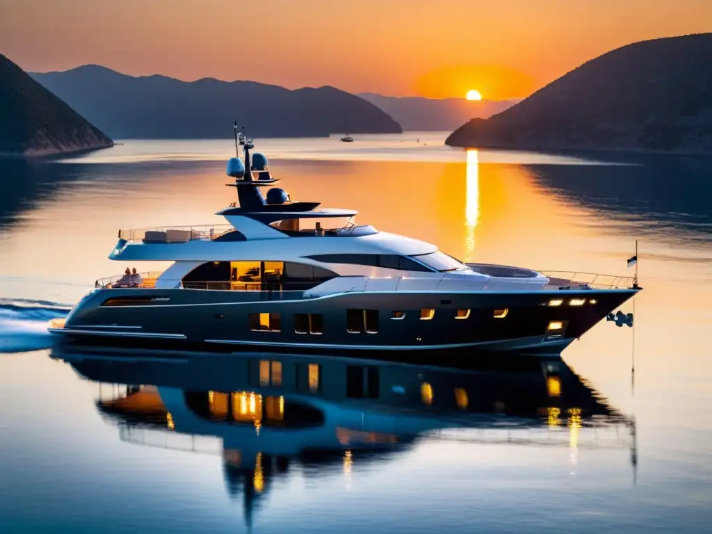 Un yate premium moderno y elegante con amenidades exclusivas, iluminado por el cálido atardecer sobre el mar tranquilo