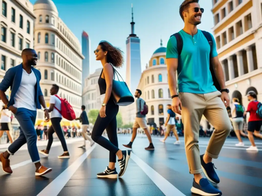 Zapatos wearables para turistas urbanos explorando una bulliciosa ciudad llena de vida y estilo