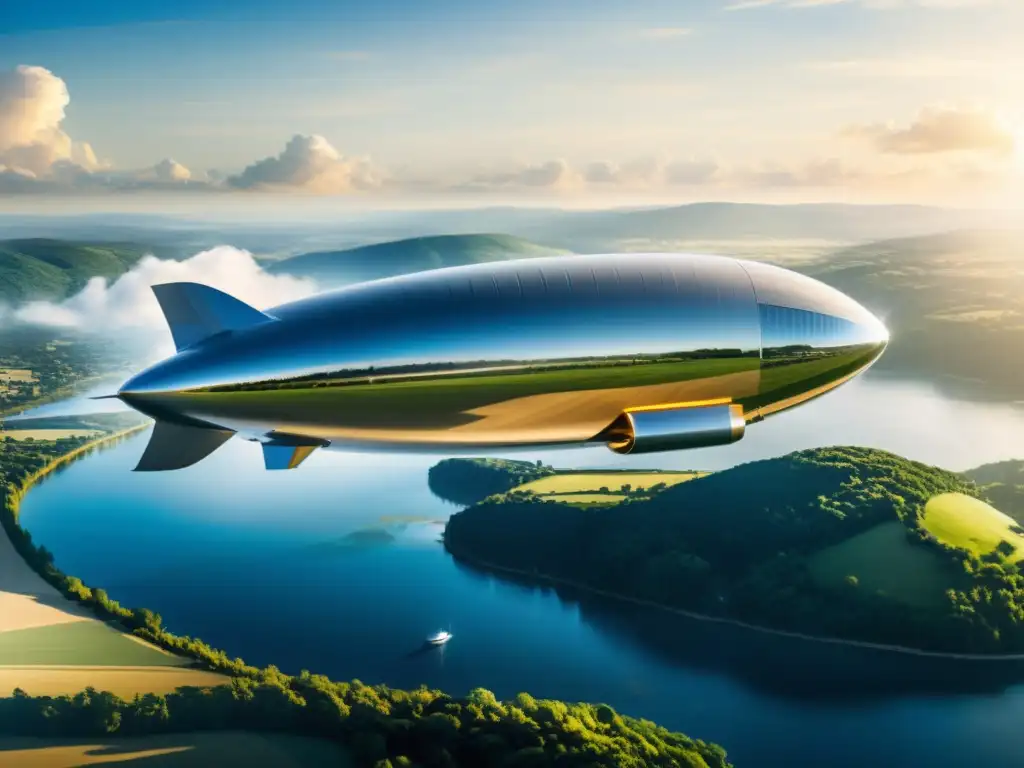 Un zepelín moderno y elegante surca el cielo, reflejando innovación en el transporte aéreo