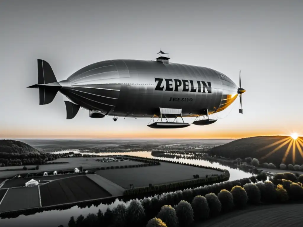 Evolución de los zepelines en transporte aéreo: Majestuoso zepelín flotando sobre un paisaje pintoresco al atardecer, evocando nostalgia y maravilla