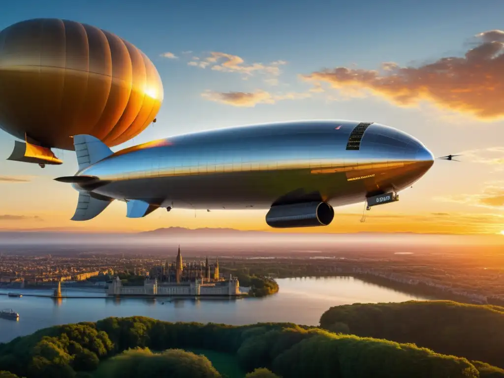 Zeppelin masivo surcando un atardecer vibrante, mostrando innovaciones tecnológicas en transporte aéreo