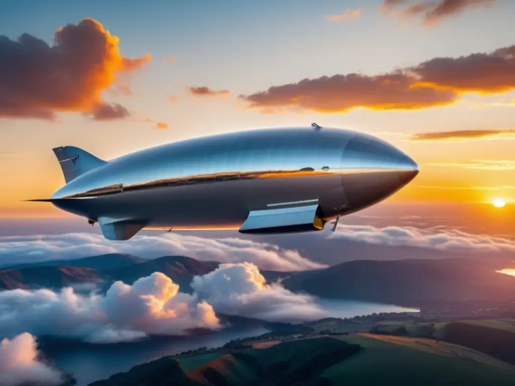 Un zeppelin moderno surca un cielo al atardecer, reflejando la luz del sol